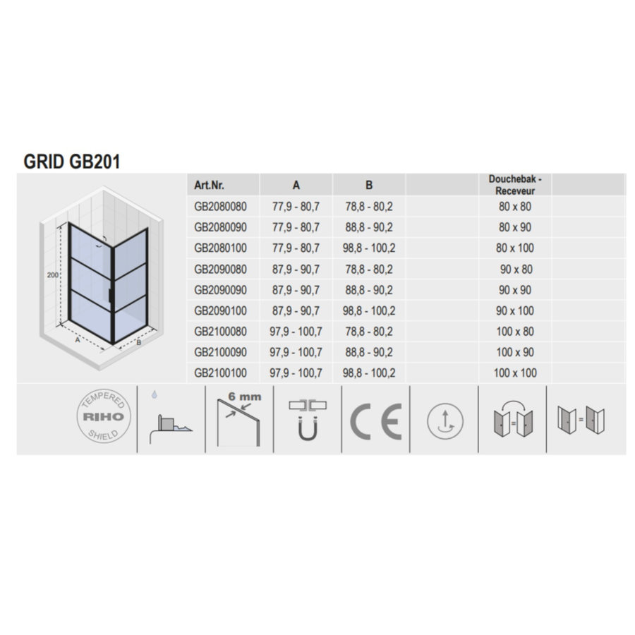 Douchecabine Riho Grid met Klapdeur 100x80 cm 6mm Helderglas Zwarte Profielen