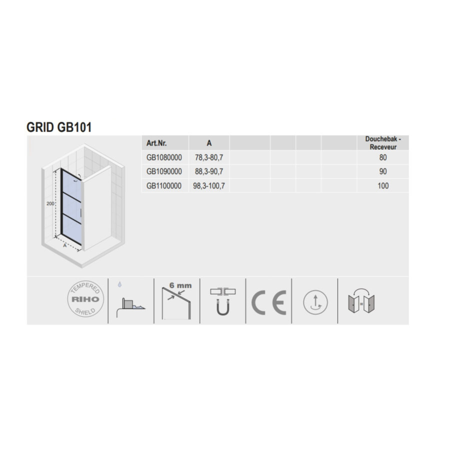 Douchedeur met Klapdeur Riho Grid 90x200 cm 6 mm Helderglas Zwarte Profielen