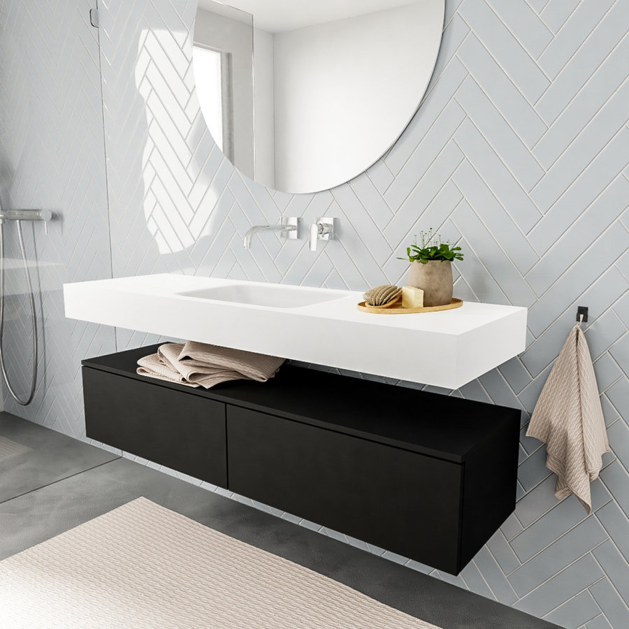 Badkamermeubel AQS Ibiza 150 cm Solid Surface Mat Zwart Twee Soft-Close Lades Wastafel Mat Wit (acht varianten)