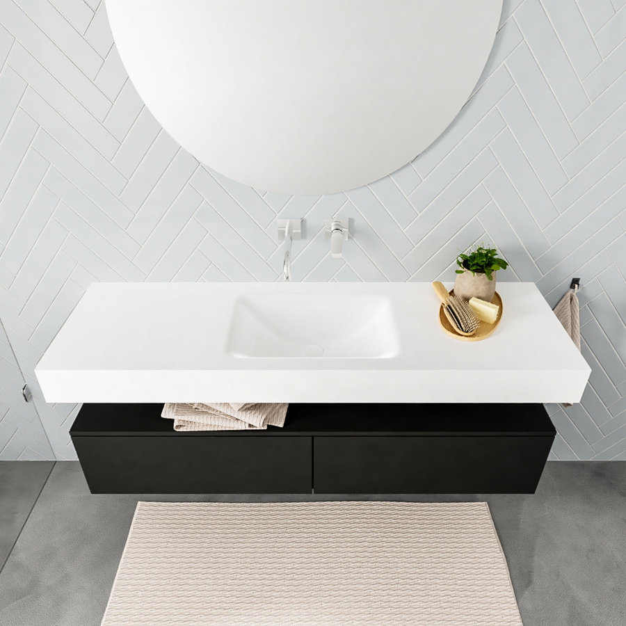 Badkamermeubel AQS Ibiza 150 cm Solid Surface Mat Zwart Twee Soft-Close Lades Wastafel Mat Wit (acht varianten)