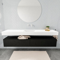 Badkamermeubel AQS Ibiza 200 cm Solid Surface Mat Zwart Twee Soft-Close Lades Wastafel Mat Wit (acht varianten)