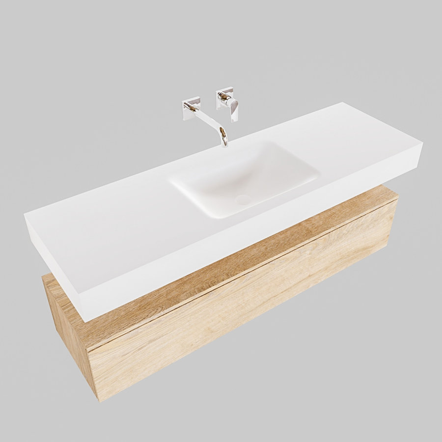 Badkamermeubel AQS Ibiza 150 cm Washed Oak Solid Surface Wastafel Mat Wit (acht varianten)