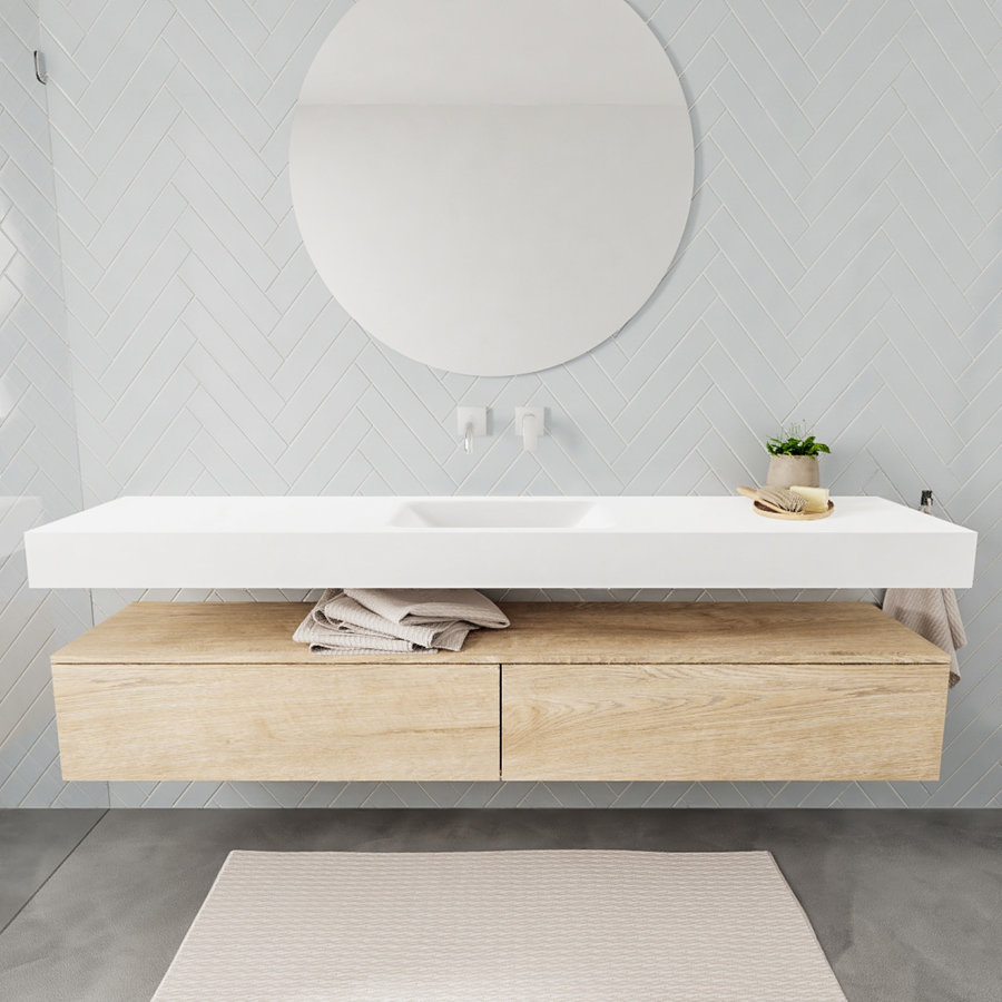 Badkamermeubel AQS Ibiza 200 cm Washed Oak Twee Soft-Close Lades Solid Surface Wastafel Mat Wit (acht varianten)