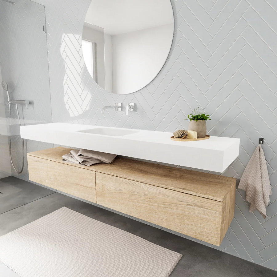 Badkamermeubel AQS Ibiza 200 cm Washed Oak Twee Soft-Close Lades Solid Surface Wastafel Mat Wit (acht varianten)