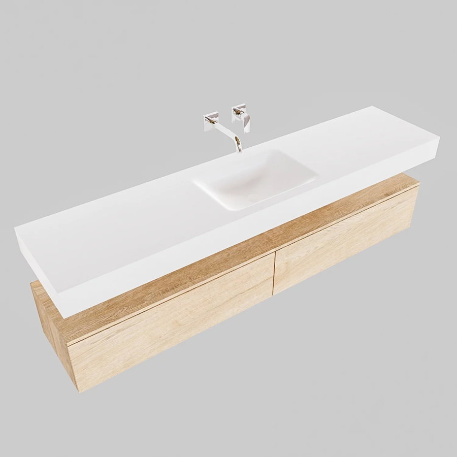 Badkamermeubel AQS Ibiza 200 cm Washed Oak Twee Soft-Close Lades Solid Surface Wastafel Mat Wit (acht varianten)