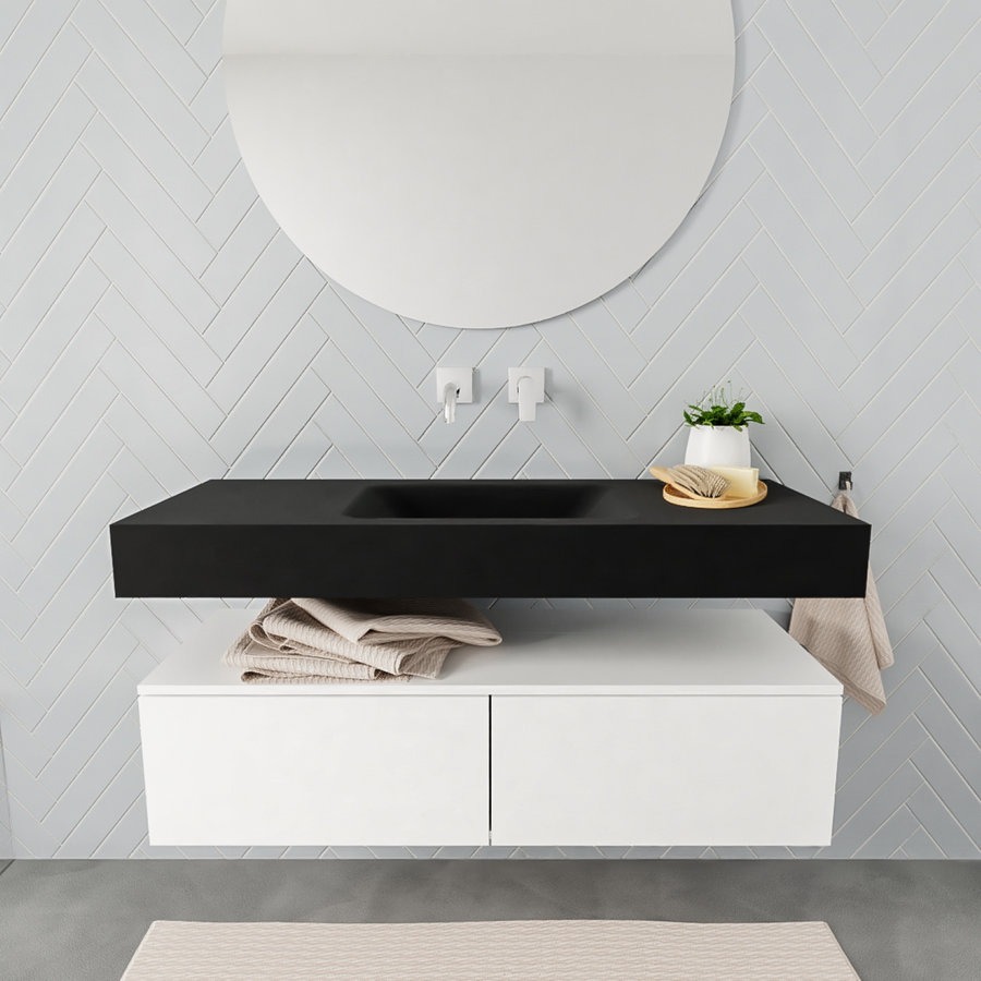 Badkamermeubel AQS Ibiza 120 cm Mat Wit Twee Soft-Close Lades Solid Surface Wastafel Mat Zwart (acht varianten)