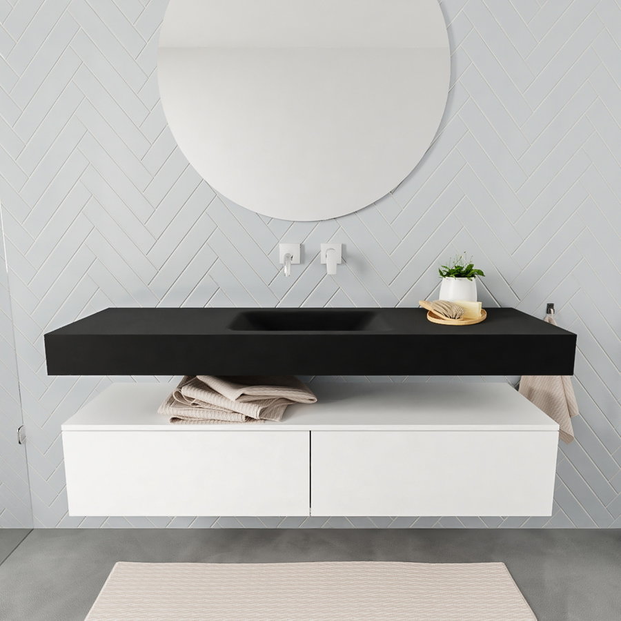 Badkamermeubel AQS Ibiza 150 cm Mat Wit Twee Soft-Close Lades Solid Surface Wastafel Mat Zwart (acht varianten)