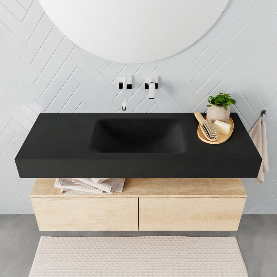 Badkamermeubel AQS Ibiza 120 cm Washed Oak Twee Soft-Close Lades Solid Surface Wastafel Mat Zwart (acht varianten)