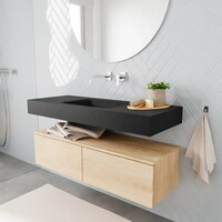 Badkamermeubel AQS Ibiza 120 cm Washed Oak Twee Soft-Close Lades Solid Surface Wastafel Mat Zwart (acht varianten)