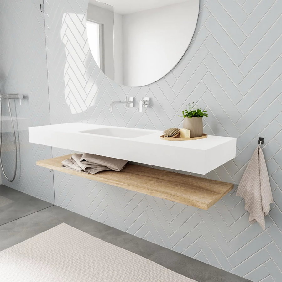 Badkamermeubel AQS Ibiza 150 cm met Washed Oak Planchet Solid Surface Wastafel Mat Wit (acht varianten)