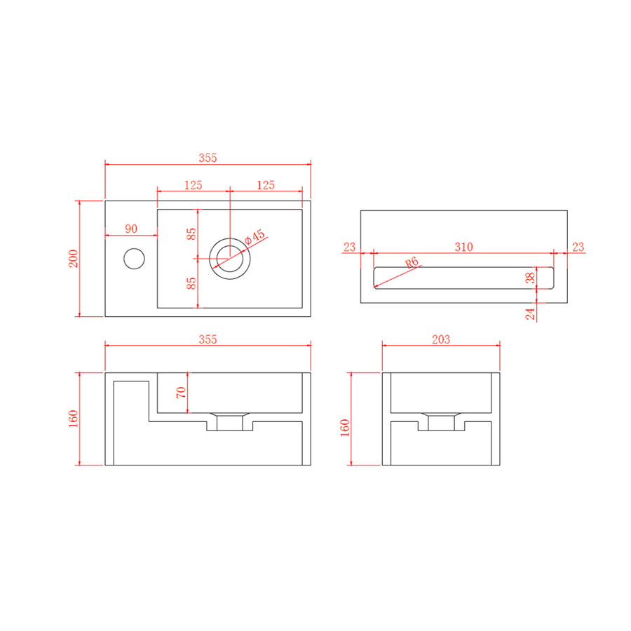 Fontein AquaSplash Bali Solid Surface 36x20 cm Kraangat Links Mat Zwart