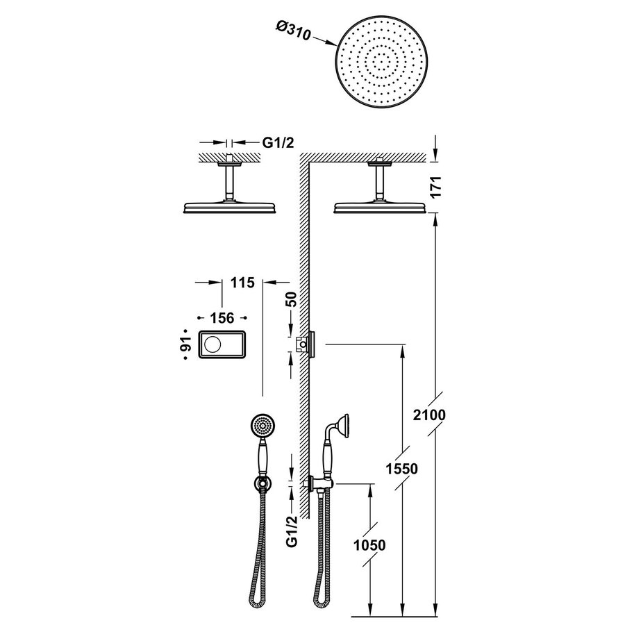 Regendoucheset Tres Clasic Inbouw Elektronische Thermostaat Incl. Handddouche Plafondarm RVS