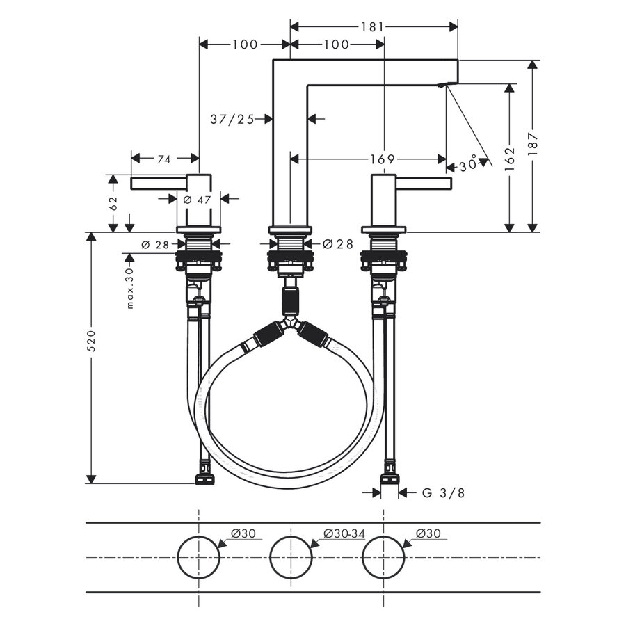 Wastafelmengkraan Finoris HansGrohe 3-gats 160 met Push-Open Waste Chroom