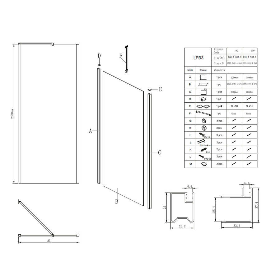 Douchewand Lacus Giglio Evo Fox tbv Nisdeur Gilgio Evo Fox 90 cm Mat Glas Chroom