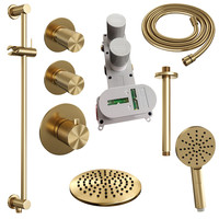 Regendoucheset Inbouw Brauer Gold Carving Thermostatisch 20cm met Plafondarm, Glijstang en Handdouche 3-Standen Losse Stopkranen Geborsteld Goud