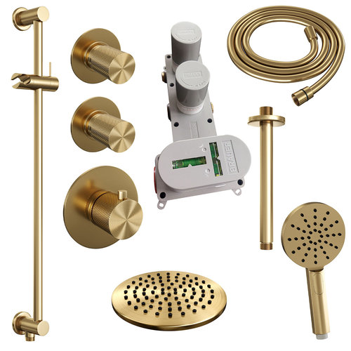 Regendoucheset Inbouw Brauer Gold Carving Thermostatisch 20cm met Plafondarm, Glijstang en Handdouche 3-Standen Losse Stopkranen Geborsteld Goud 