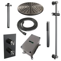 Regendoucheset Inbouw Brauer Gunmetal Edition Thermostatisch 30cm met 3-Weg Omstelling, Plafondarm, Glijstang en Staaf Handdouche Geborsteld Gunmetal