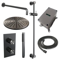 Regendoucheset Inbouw Brauer Gunmetal Carving Thermostatisch 30cm met 3-Weg Omstelling, Gebogen Wandarm, Glijstang en Staaf Handdouche Geborsteld Gunmetal