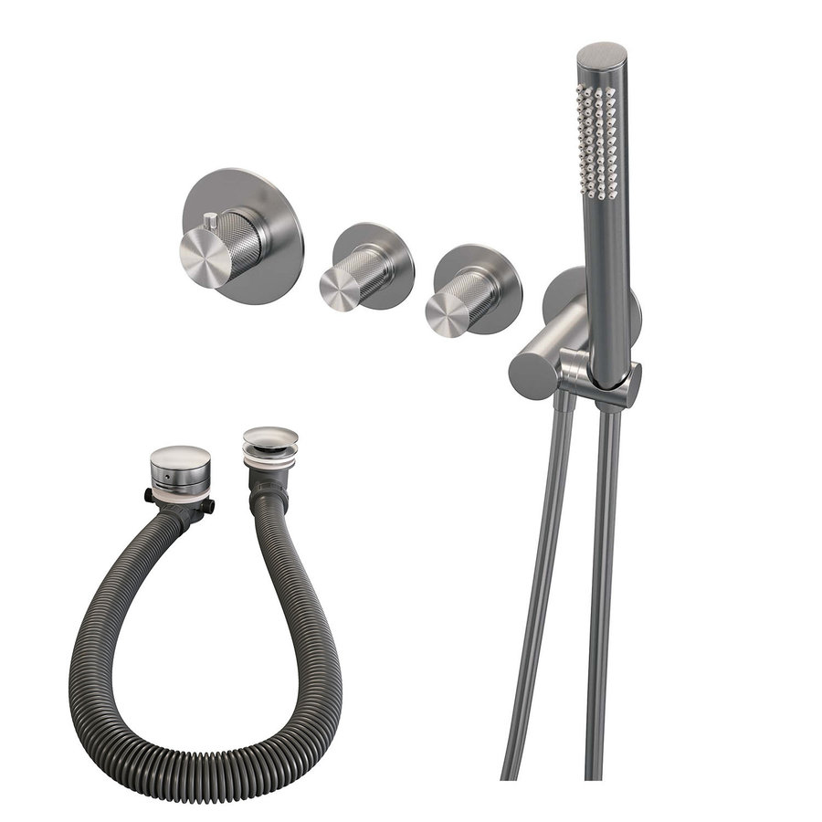 Inbouwthermostaatset Brauer Brushed Carving Incl Staafhanddouche En Badafvoer Geborsteld RVS