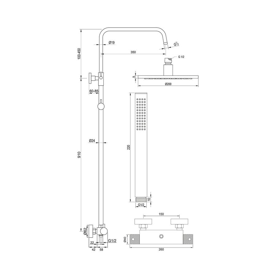 Regendoucheset Opbouw Brauer Black Carving 20 cm Thermostatisch met Staaf Handdouche Geborsteld Mat Zwart