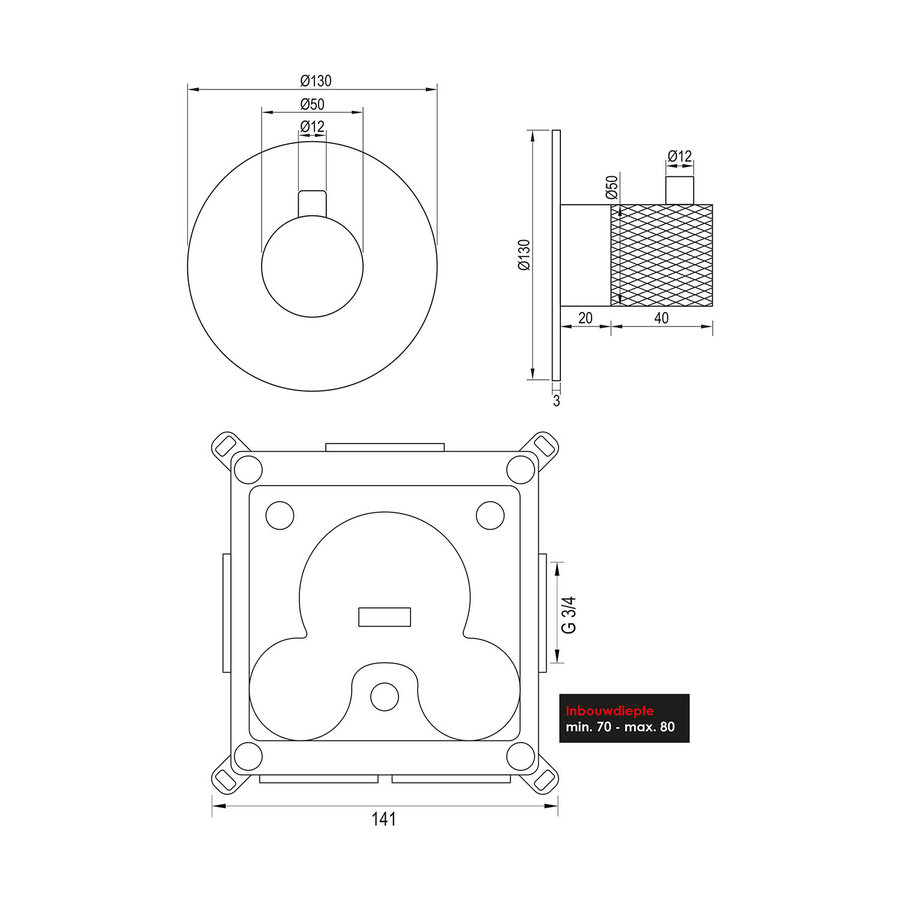 Inbouwthermostaat Brauer Black Carving met Ronde knop en Rozet Geborsteld Mat Zwart