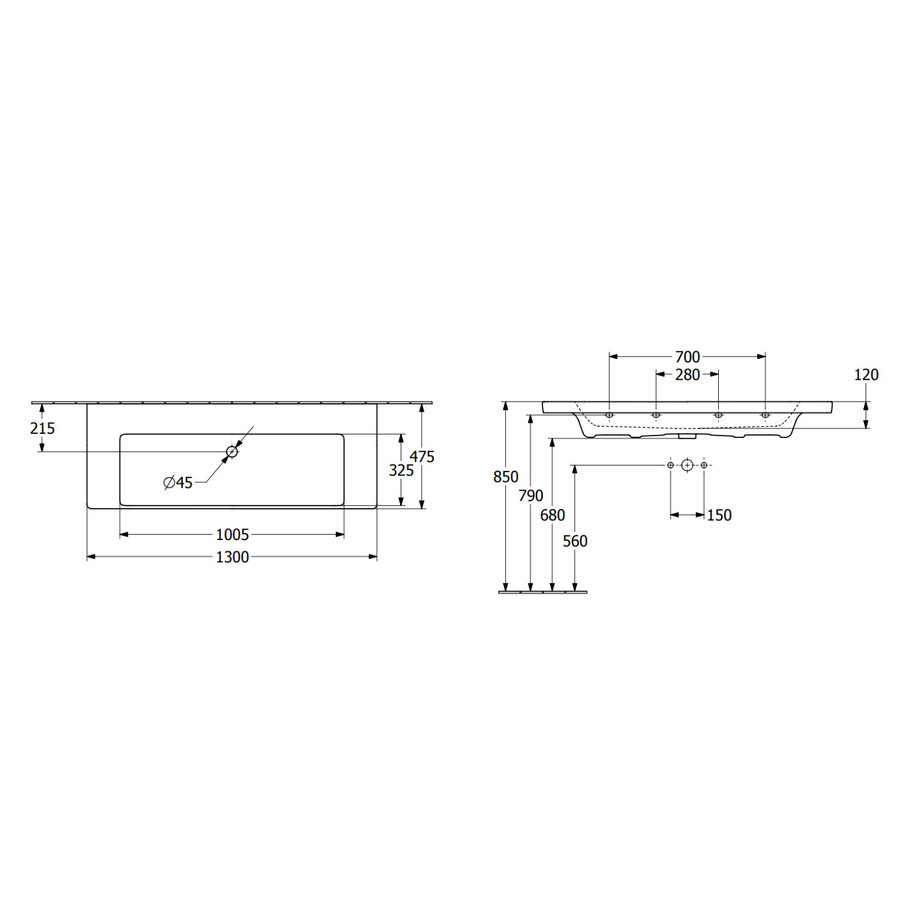 Wastafel Villeroy & Boch Subway 3.0 Met CeramicPlus 0 Kraangaten Zonder Overloop 130x47x16.5 cm Stone White
