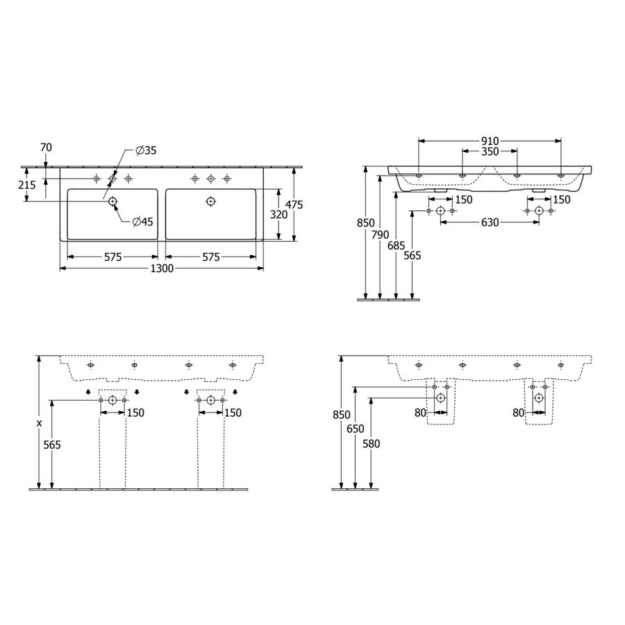 Wastafel Villeroy & Boch Subway 3.0 Dubbele Wasbak Met 2 Kraangaten Zonder Overloop 130x47x16.5 cm Wit Alpin