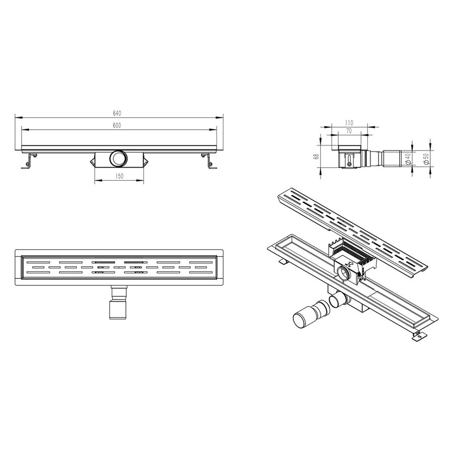 Douchegoot Wiesbaden Met Flens 60x7 Cm Mat Zwart