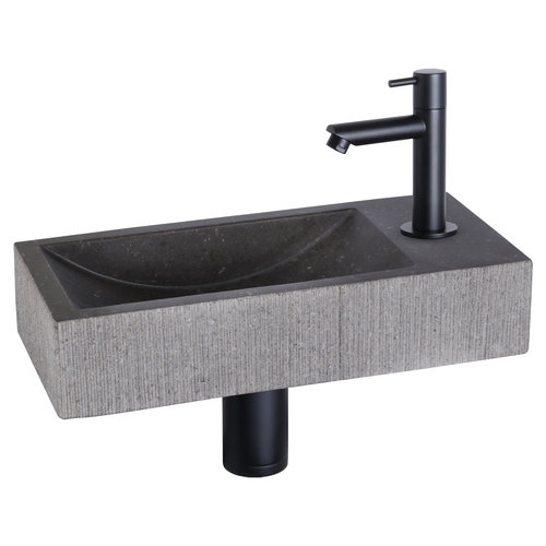 Fonteinset Differnz Ribble Natuursteen 38x18x8 cm Zwart Met Rechte Kraan Mat Zwart 