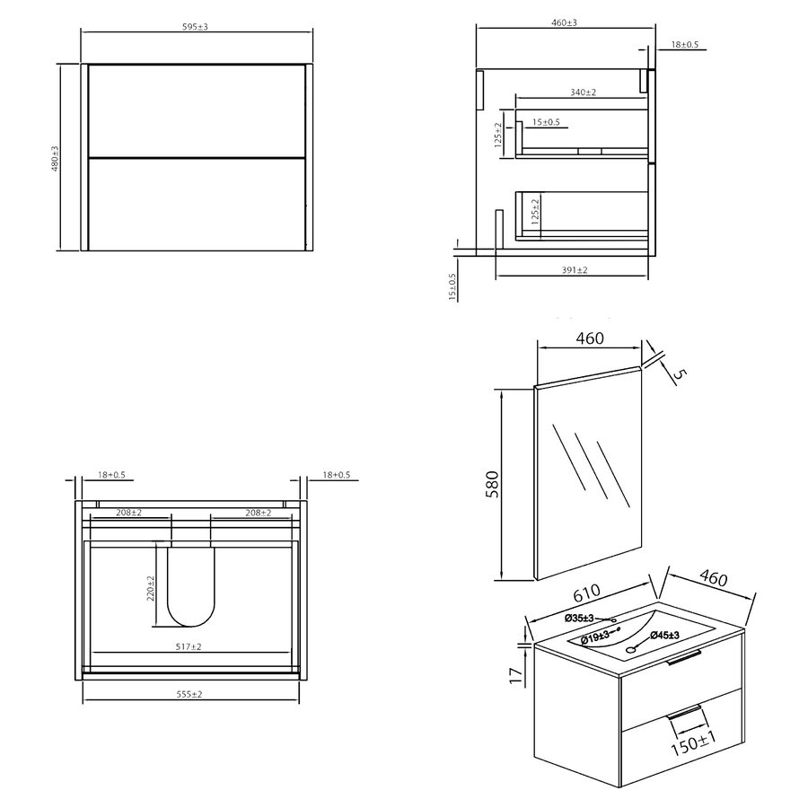 Badmeubelset Differnz Bolo 60x61x46cm FSC Hoogglans Wit