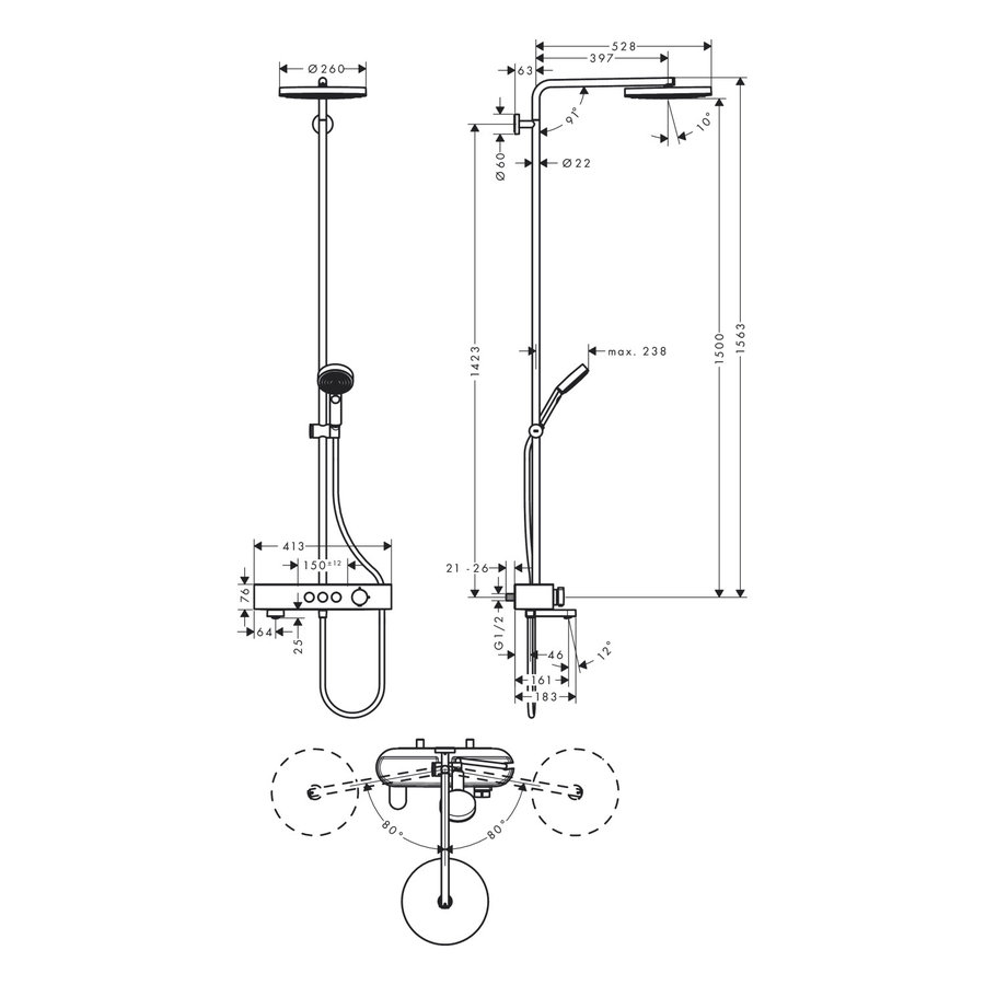 Regendouche set HansGrohe Pulsify S Showerpipe 260 1 Jet Met Badthermostaat ShowerTablet Select 400 Chroom