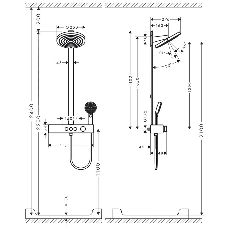 Regendouche set HansGrohe Pulsify S Showerpipe 2 Jets Met ShowerTablet Select 400 Chroom