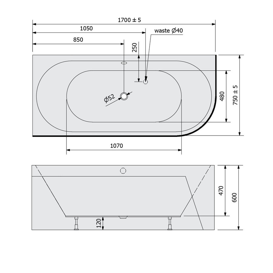 Ligbad Polysan Viva 170x75x60 cm Asymmetrisch Links Zwart / Wit