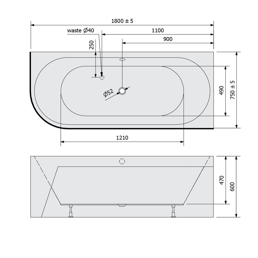 Ligbad Polysan Viva 180x75x60 cm Asymmetrisch Rechts Wit