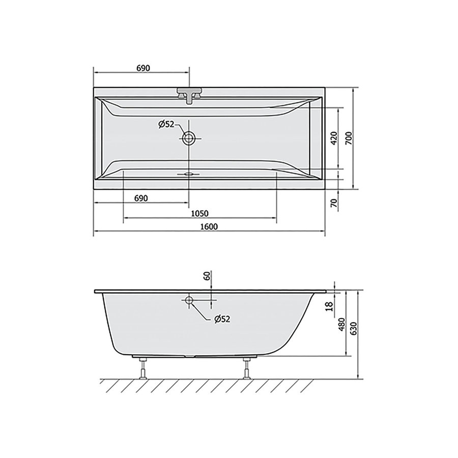 Ligbad Polysan Cleo Slim Inbouw 160x70x48 cm Wit