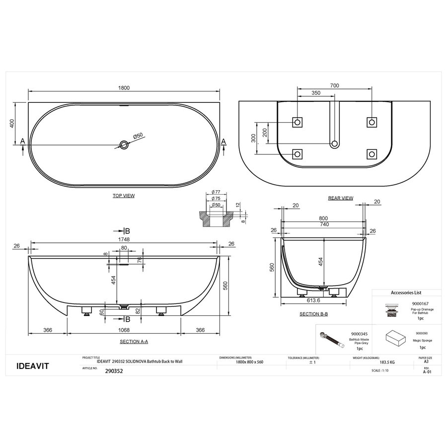 Ligbad Ideavit SolidNova 180x80x56 cm Mat Wit