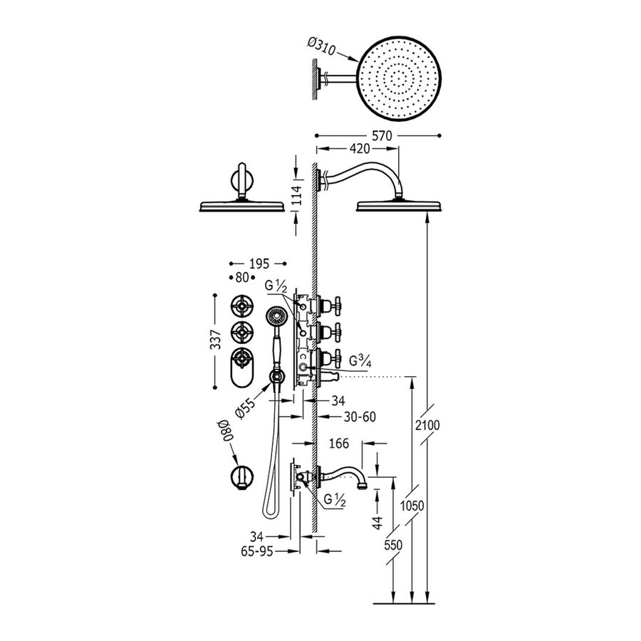 Badkraan Tres Clasic Thermostatisch Inbouw Incl. Regendouche 3-wegs RVS