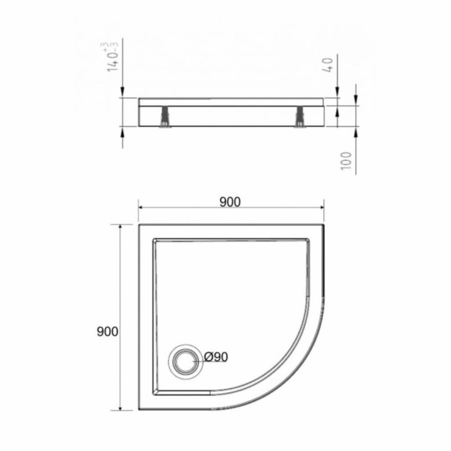 Douchebak Acryl 1/4 Rond 90X90X4 Wit