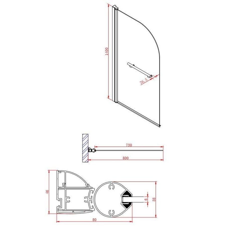 Badwand Megaline Bibi Afgerond 80x140cm 6mm Met Handdoekhouder