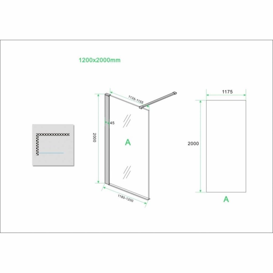 Safetyglass Inloopdouche Verticale Stang 10mm Nano Coating Mat Zwart (ALLE MATEN)