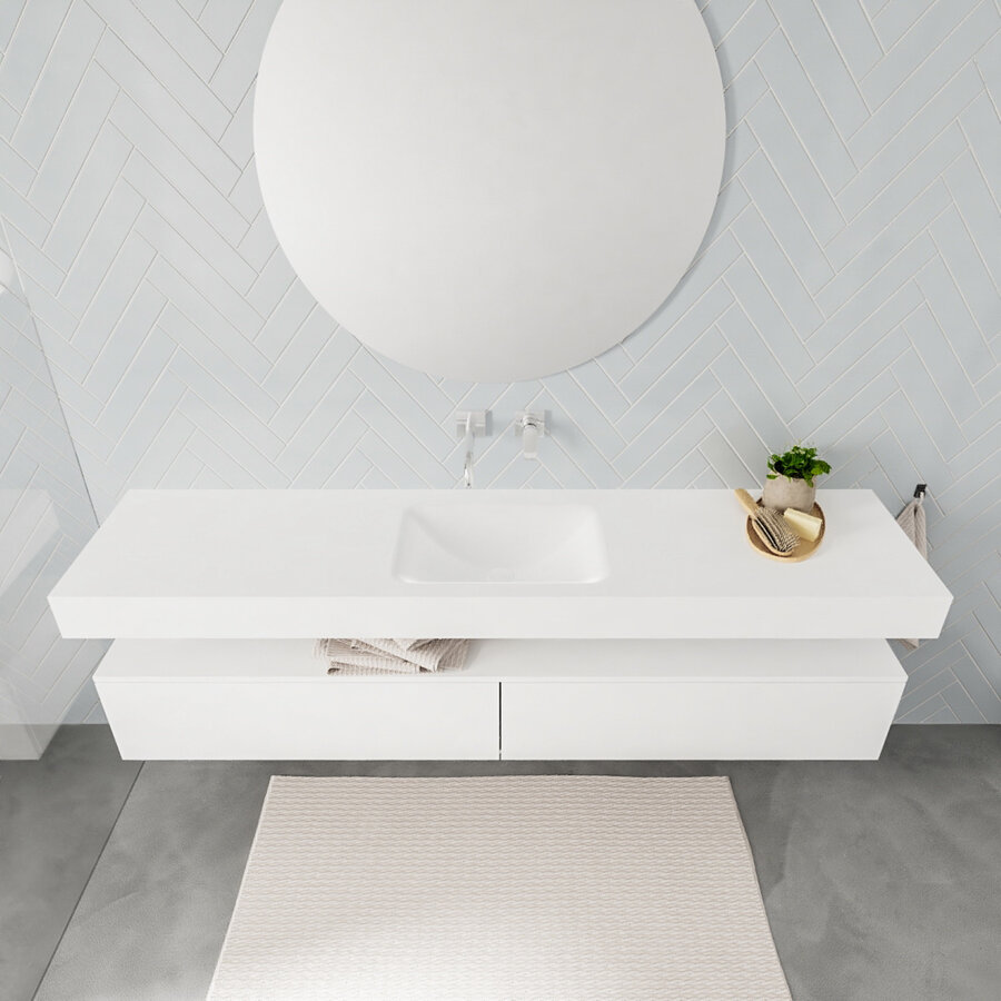 Badkamermeubel AQS Ibiza 200 cm Twee Soft-Close Lades Solid Surface Wastafel Mat Wit (acht varianten)