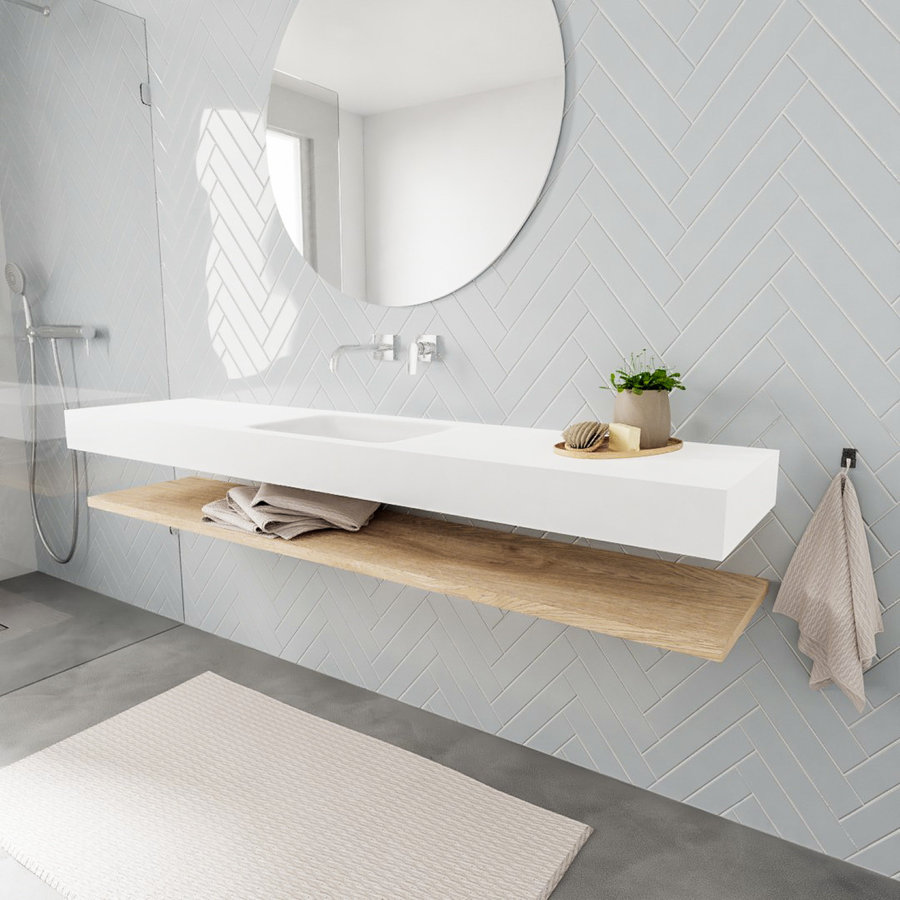 Badkamermeubel AQS Ibiza 200 cm met Washed Oak Planchet Solid Surface Wastafel Mat Wit (acht varianten)