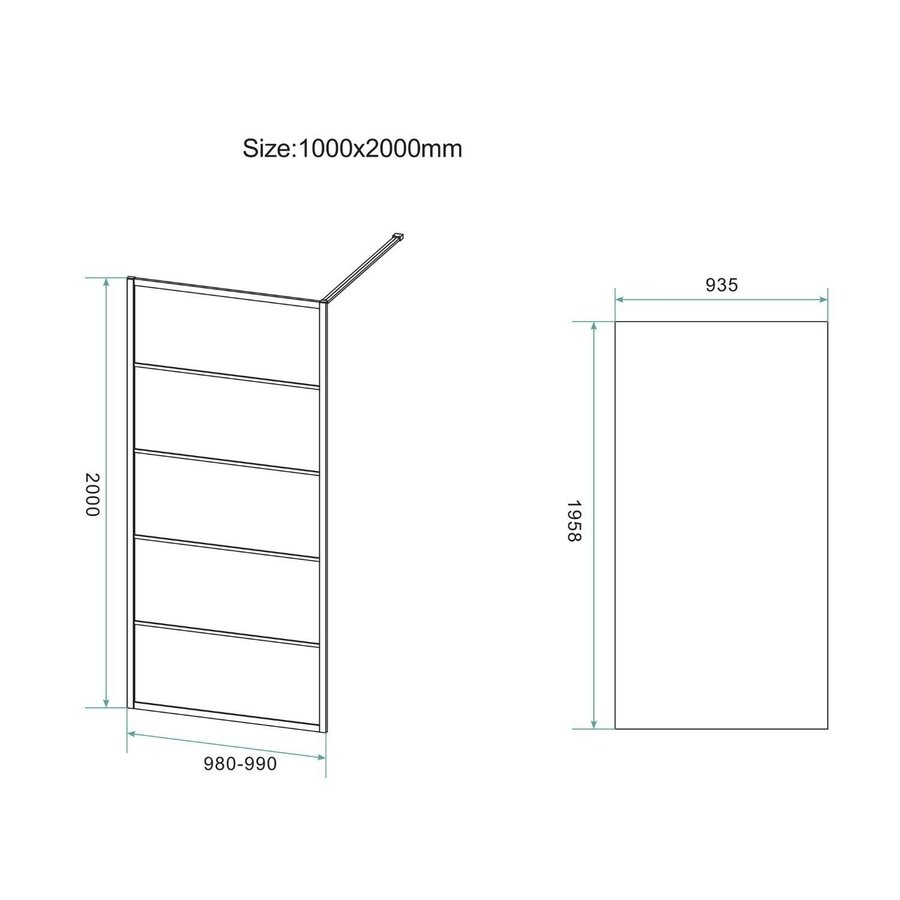 Inloopdouche BWS Black Line 100x200 cm 8mm NANO Glas Mat Zwart Raster