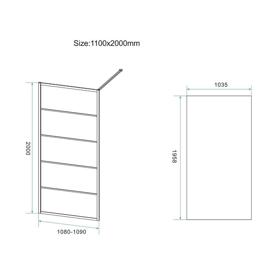 Inloopdouche BWS Black Line 110x200 cm 8mm NANO Glas Mat Zwart Raster