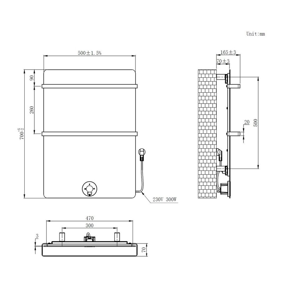 Elektrische Radiator Best Design Brenner Black 70x50cm 300W Mat Zwart