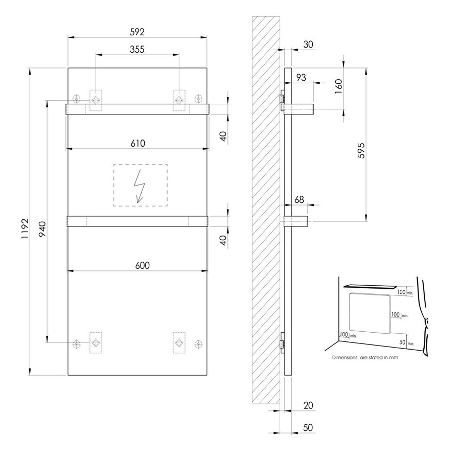 Elektrische Badkamerradiator Sapho Enis 600W 59x120 cm incl. Handdoekhouder IP44 Mat Zwart