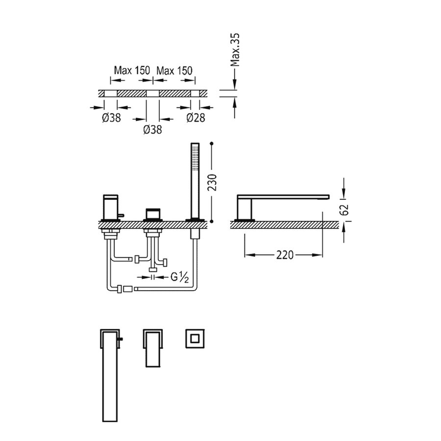 Badrandkraan Tres Cuadro Exclusive met Handdoucheset Lange Rechte Uitloop 22 cm RVS