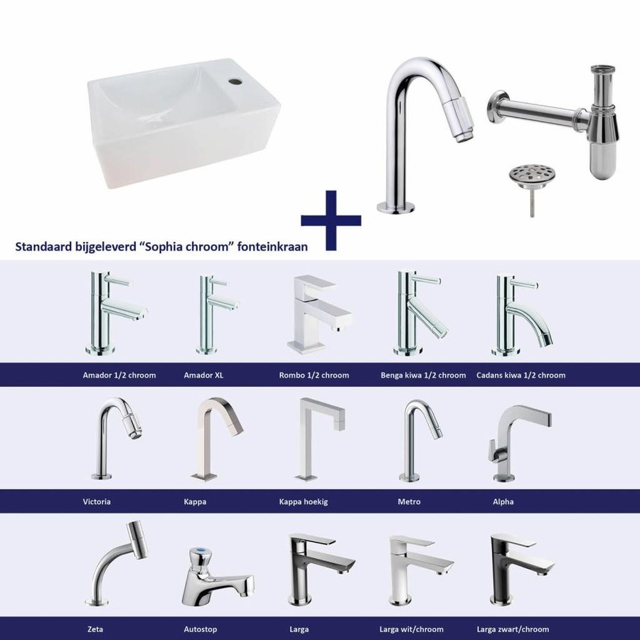 Fonteinset Chepri Mini Xxs 30,5X18X11 Cm Rechts Chroom (Keuze Uit 20 Kranen)