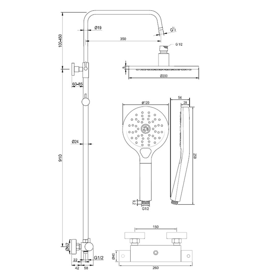 Regendouche Brauer Copper Showerpipe Met Thermostaat 20cm 3 Standen Koper