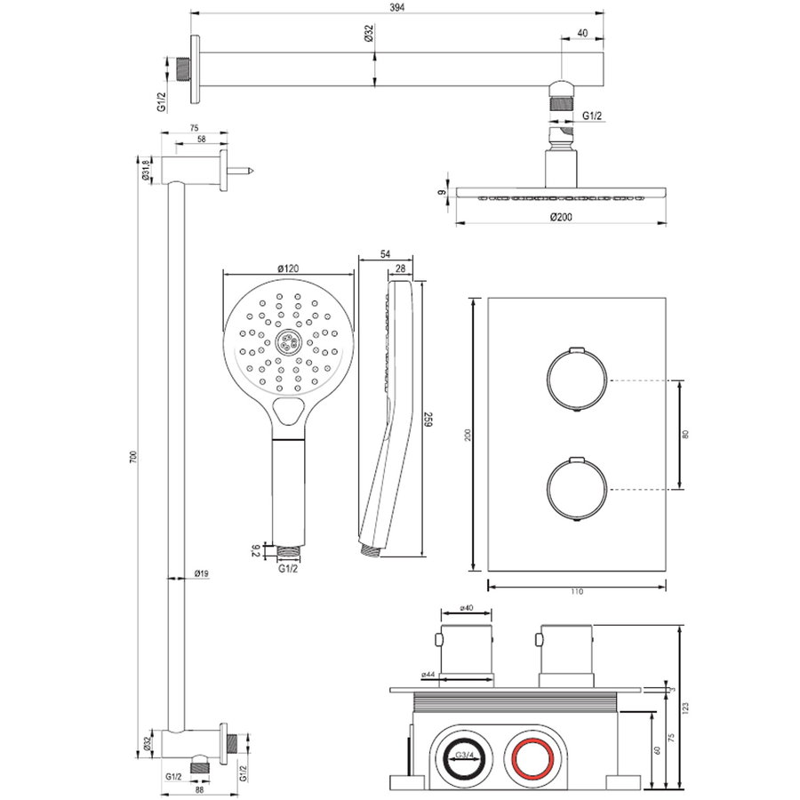 Inbouw Regendouche Set Brauer Copper Edition Wanduitloop Ronde Hoofddouche 20 cm Met Glijstang en Handdouche 3 Standen Koper